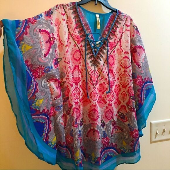 GORGEOUS SHEER JEWLED LACE UP V ROUND TOP - Picture 1 of 10